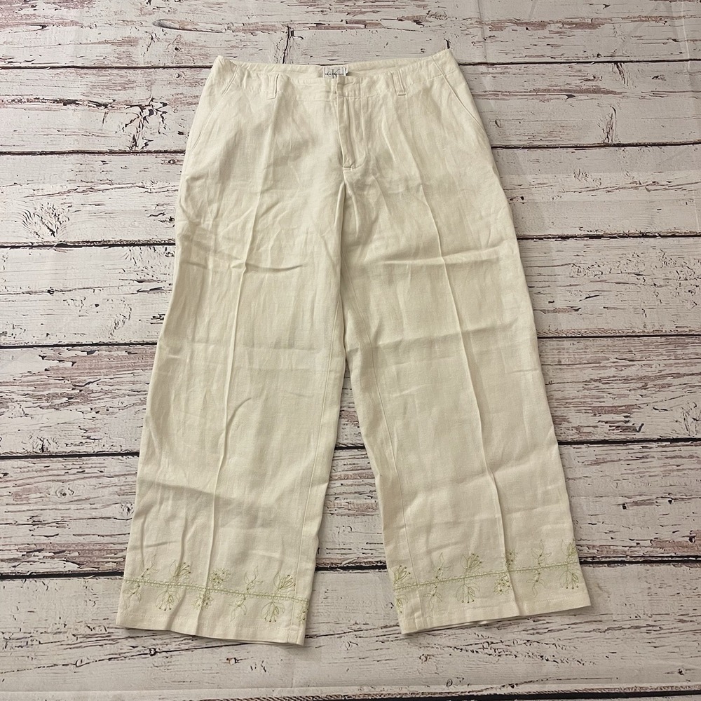 Calvin Klein Pants Women 6 Linen Off White Embroidered Floral Coastal Lagenlook